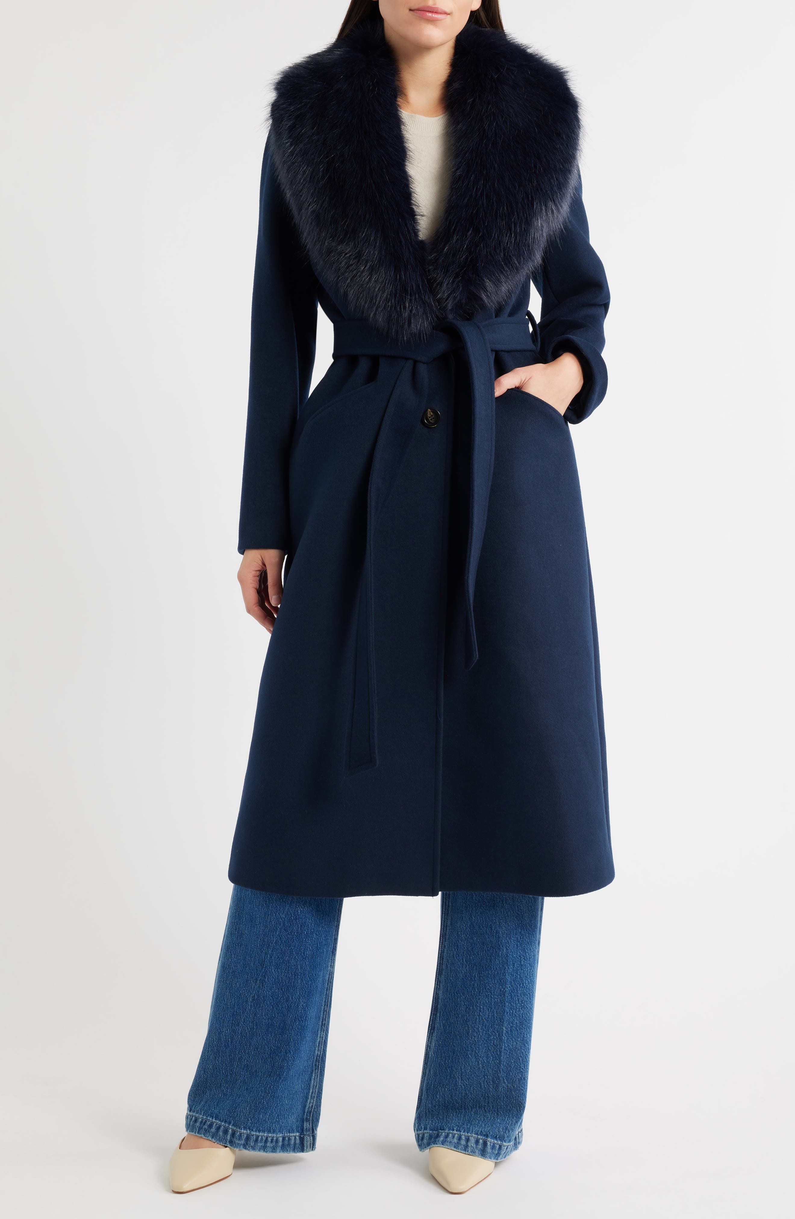 Belted Longline Coat with Faux Fur Collar (Women) | Nordstrom