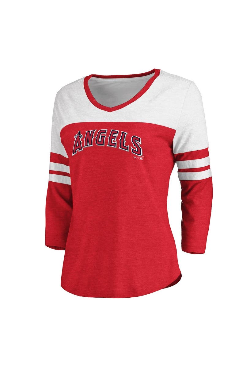 FANATICS Women's Fanatics Branded Heathered Red/White Los Angeles Angels Official Wordmark 3/4 Sleeve V-Neck Tri-Blend T-Shirt, Alternate, color, 