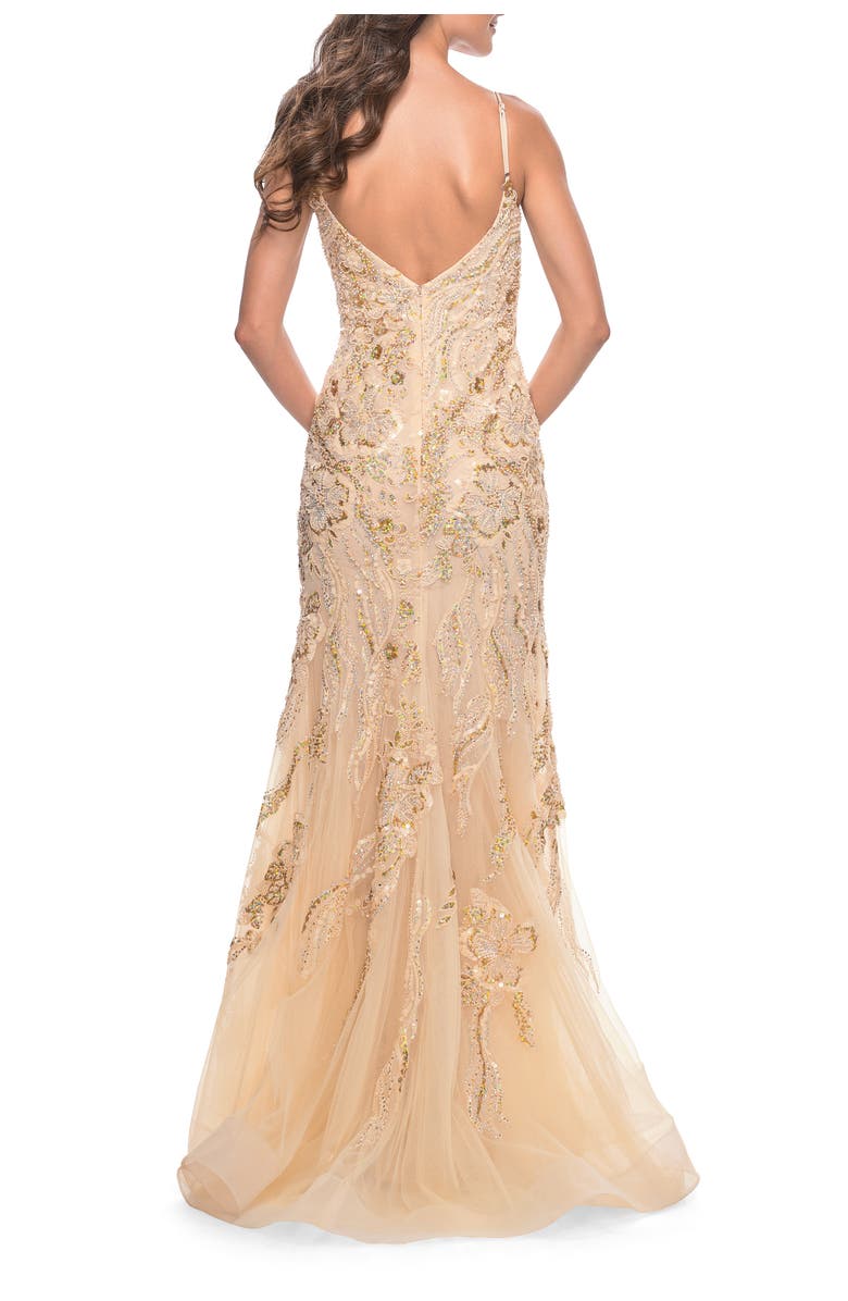 La Femme Mermaid Sequin and Beaded Embellished Prom Dress in Pastels, Alternate, color, Champagne