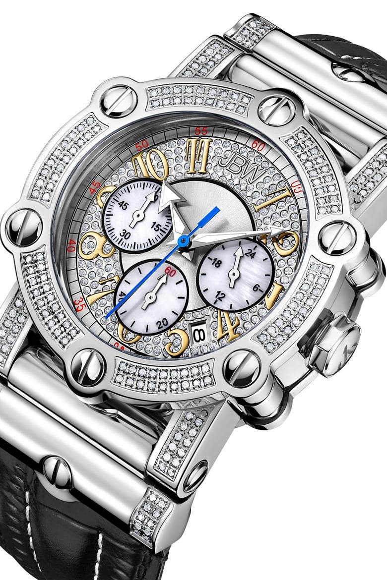 Men's Phantom 10 Year Chronograph Diamond Croc Embossed Leather Strap Watch, 42mm - 1.96 ctw, Alternate, color, SILVER