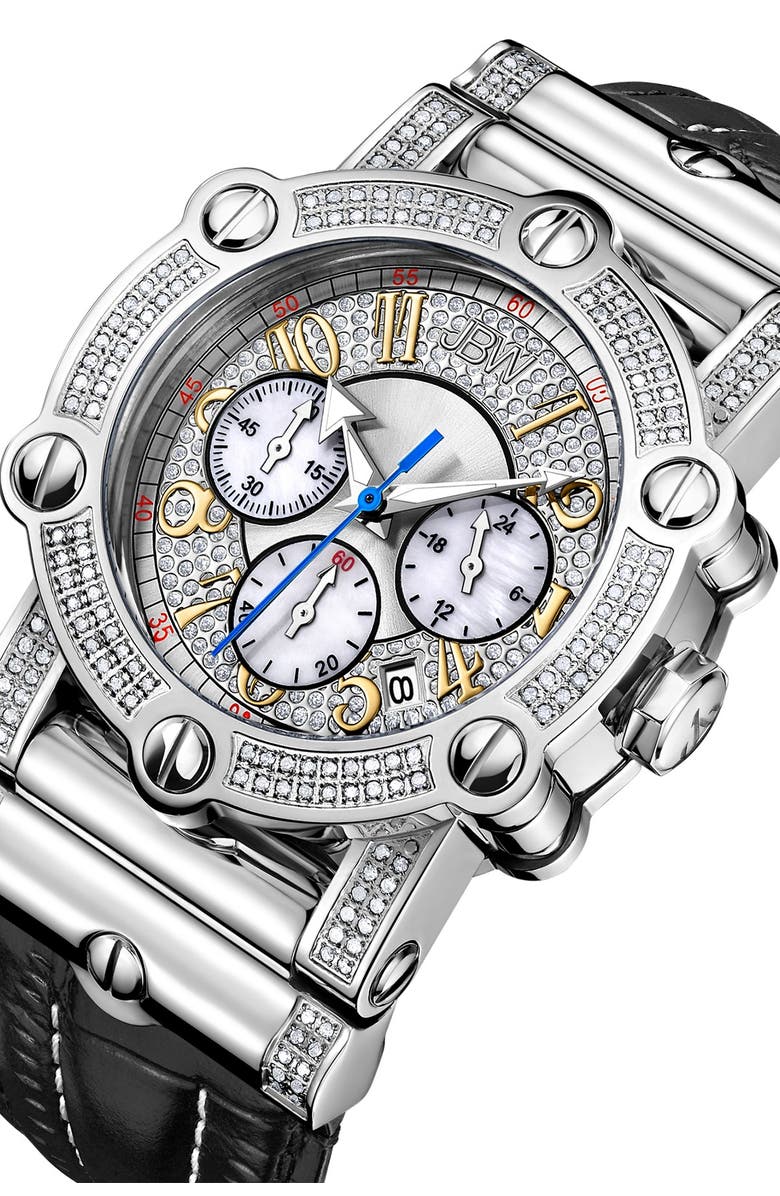 JBW Men's Phantom 10 Year Chronograph Diamond Croc Embossed Leather Strap Watch, 42mm - 1.96 ctw, Alternate, color, Silver