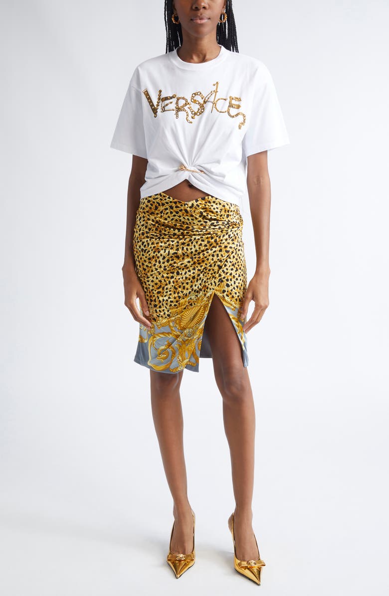 Versace Draped Cheetah Foulard Midi Skirt, Alternate, color, Yellow/ Light Elephant Grey