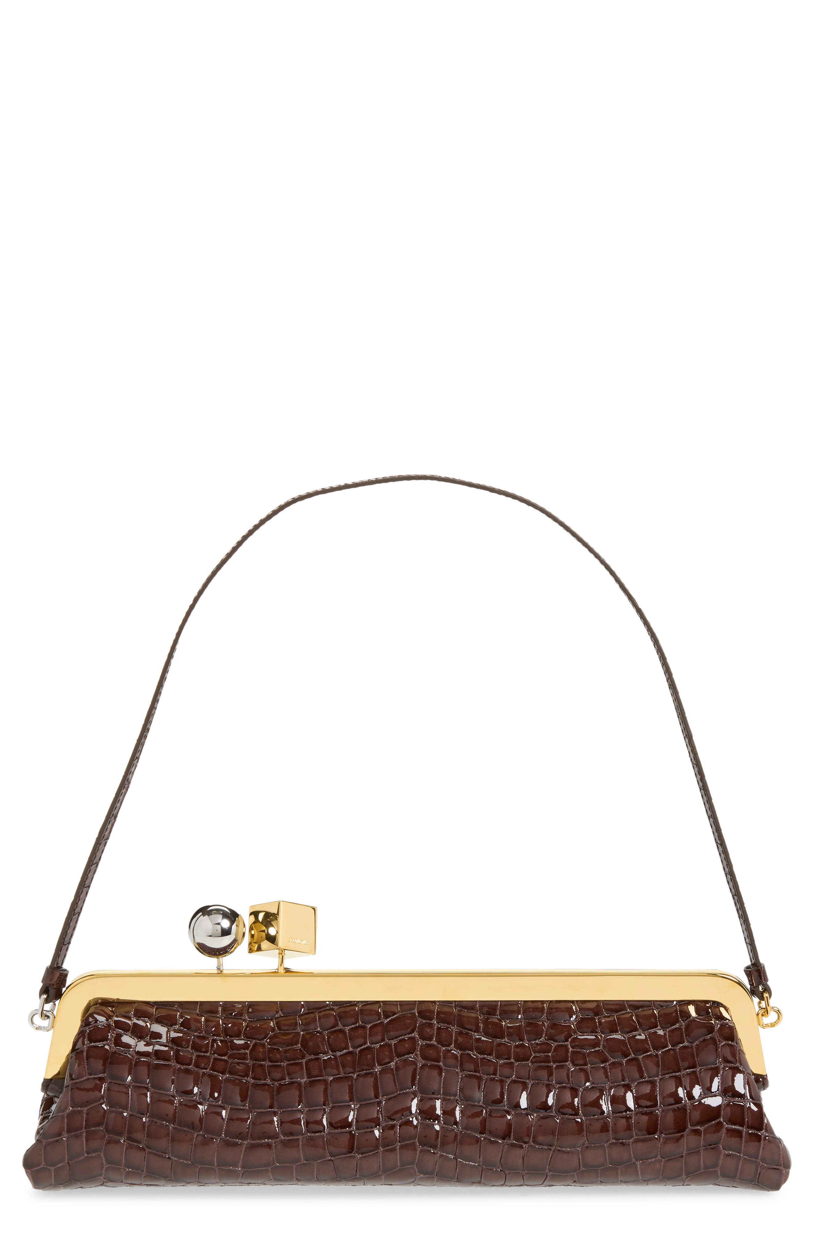La Pochette Salon Croc Embossed Patent Leather Clutch, Main, color, BROWN 850