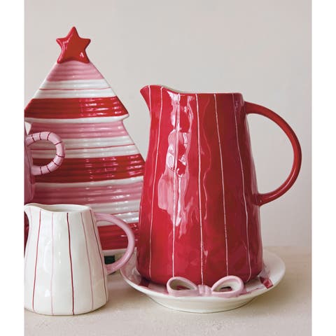 Hand-Painted Stoneware Striped Pitcher