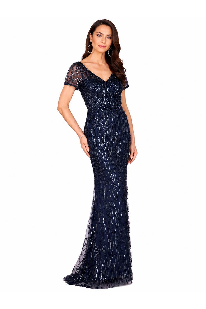 Beaded Faux-Wrap V-Neck Bridal Gown, Main, color, Navy