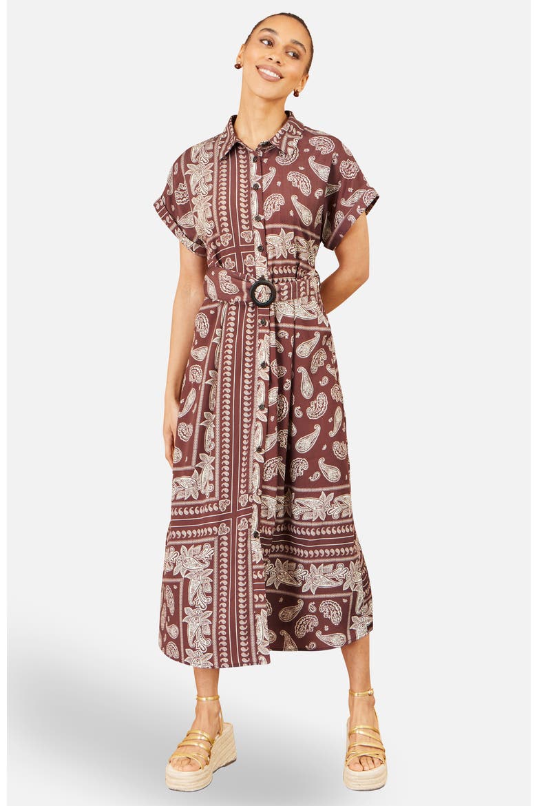 Scarf Print Midi Shirt Dress, Main, color, Brown