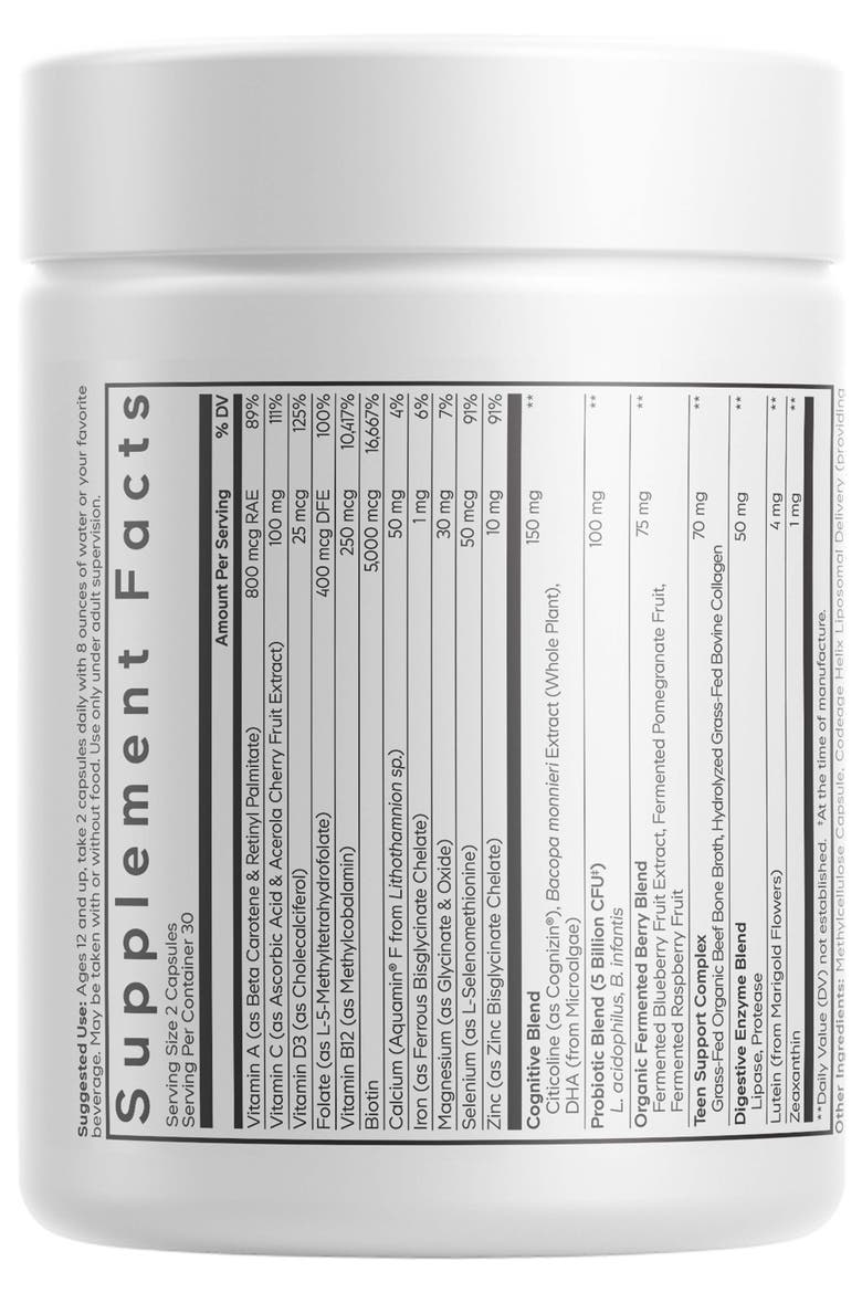 Teen Multivitamin+ Platinum, Vitamin A, E, B12, K2, Citicoline Supplement, Alternate, color, White