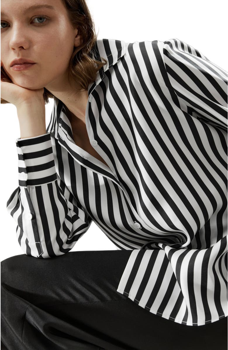 Lilysilk The Amalfi Stripe Silk Shirt, Alternate, color, Black-White Pinstripes