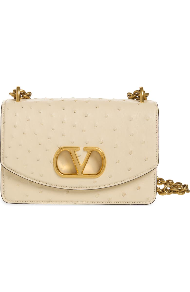 Valentino Garavani Small DeVain Ostrich Leather Shoulder Bag, Main, color, Light Ivory