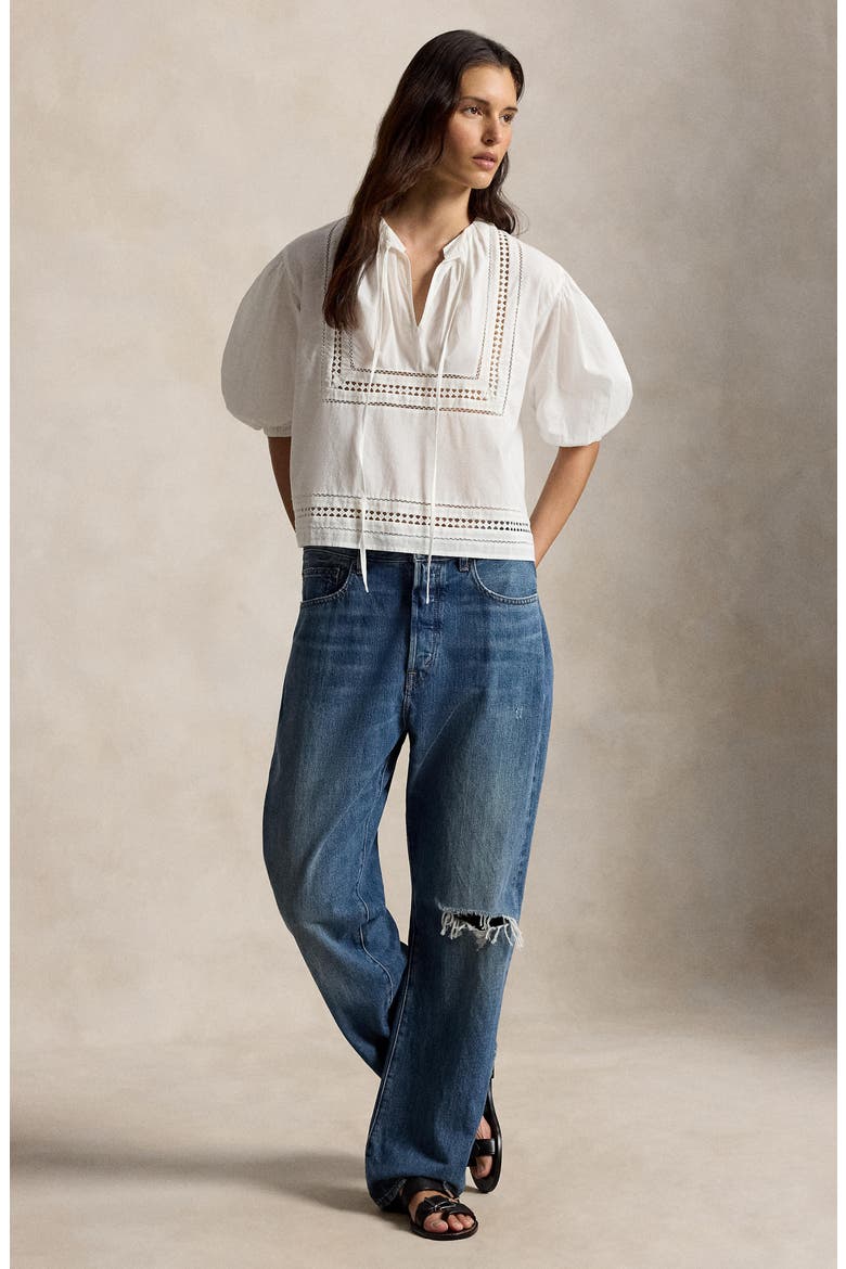 Lace Tie Cotton Shirt, Alternate, color, WHITE