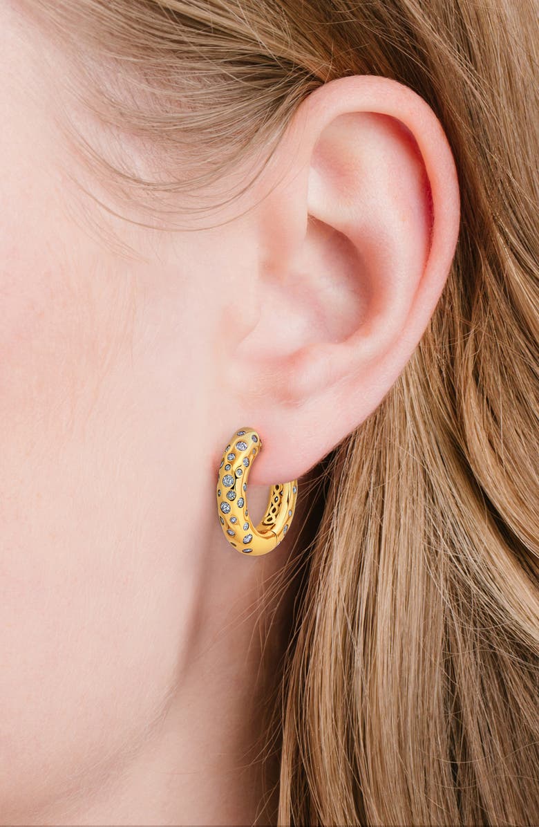 Crislu Cascade Cubic Zirconia Huggie Hoop Earrings, Alternate, color, 18Kyg/ Clear Stone