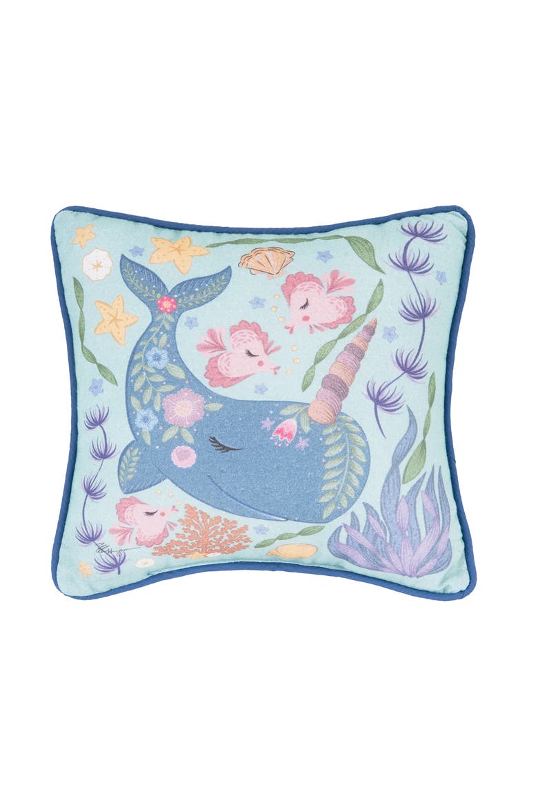 Narwhal Coral Printed Cotton Blend Mini Accent Pillow 10" x 10", Main, color, Blue