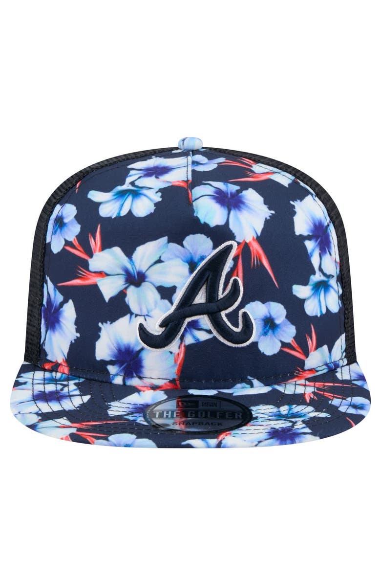 New Era Men's New Era Navy Atlanta Braves Adventure Pattern Golfer Trucker Snapback Hat, Alternate, color, 
