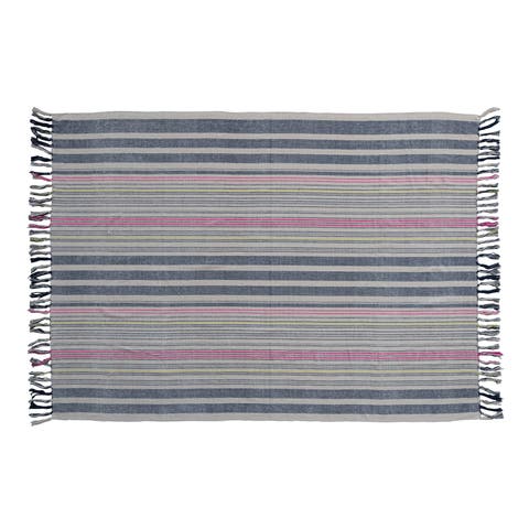 Cotton Blend Throw Blanket with Stripes and Fringe
