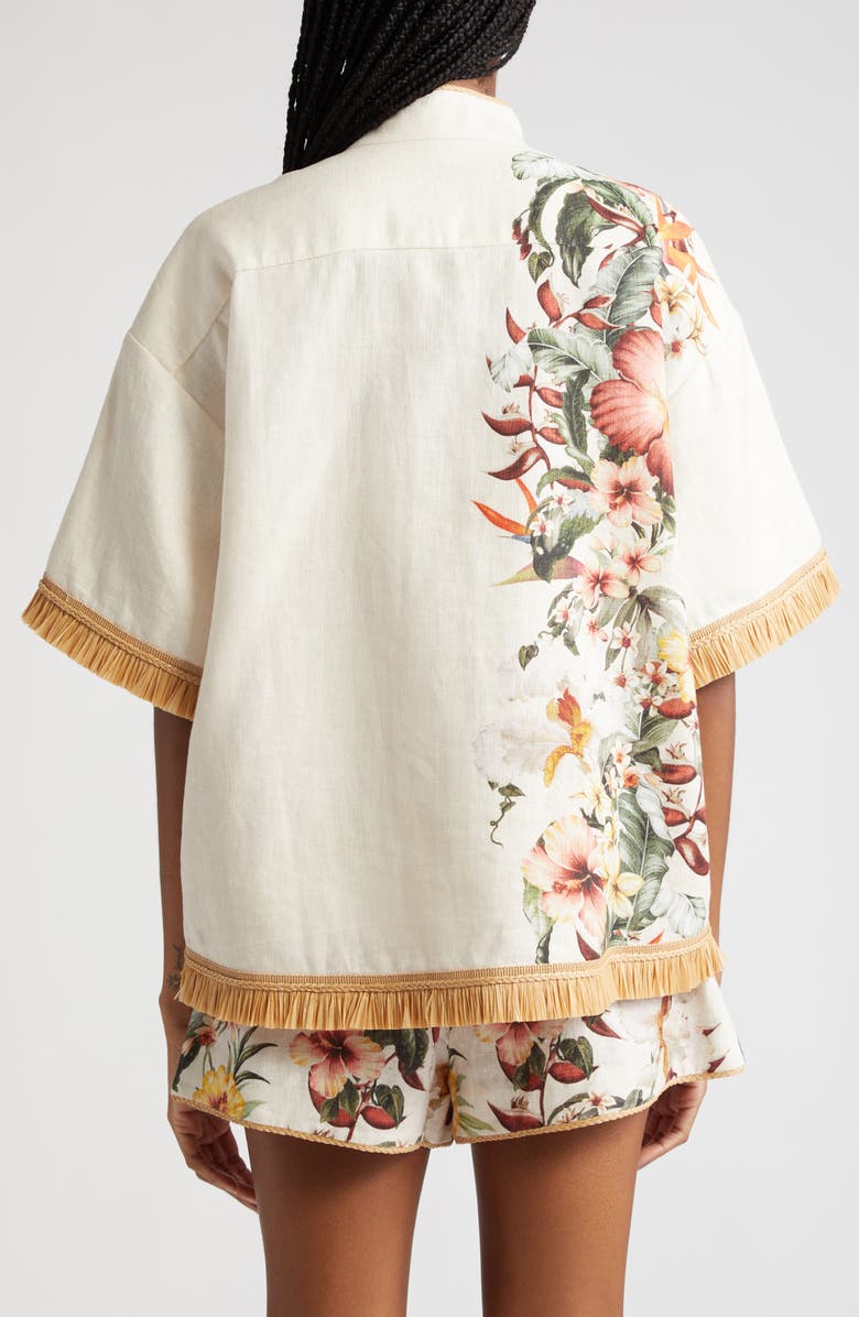 Zimmermann Lexi Tropical Floral Raffia Trim Button-Up Shirt, Alternate, color,