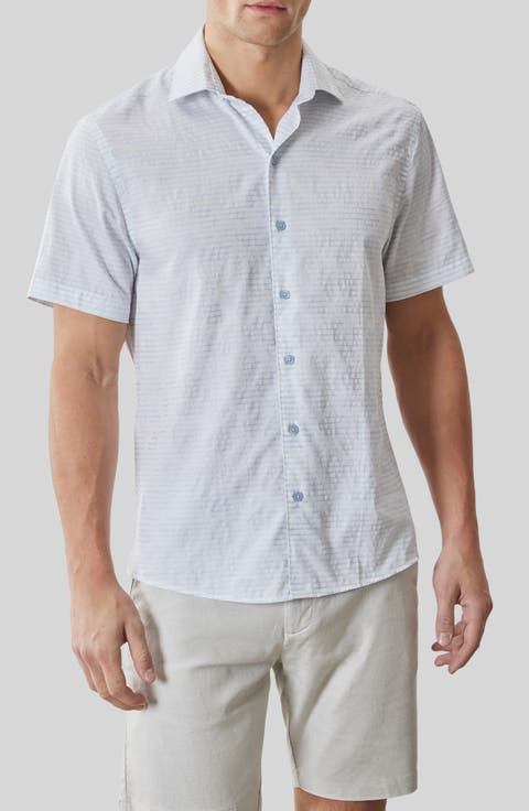 Ven Stripe Floral Jacquard Short Sleeve Button-Up Shirt