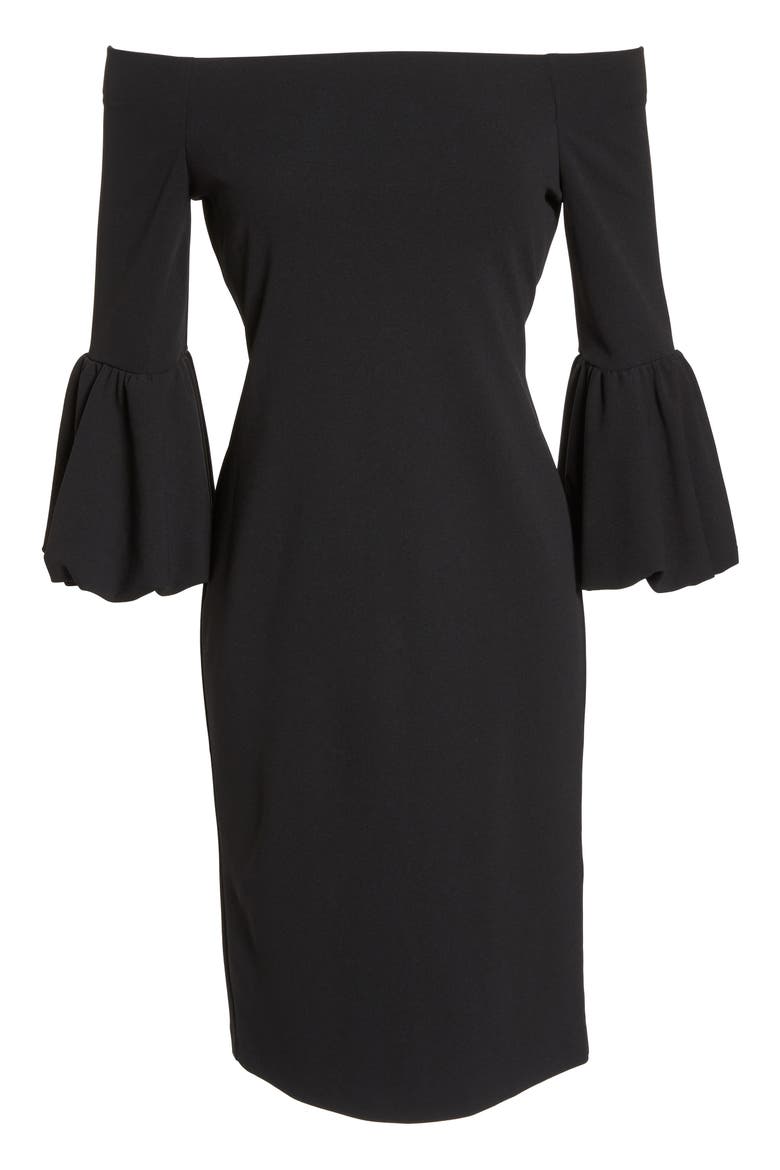 Off the Shoulder Bell Sleeve Scuba Crepe Dress, Alternate, color, BLACK