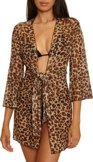 Becca Safari Tie Front Long Sleeve Sheer Mesh Cover-Up