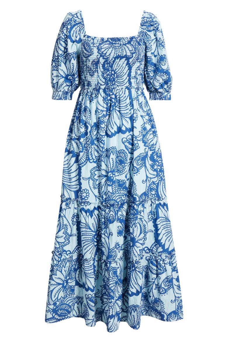 Hadley Smocked Maxi Dress, Alternate, color, STARLIGHT NAVY PROUD PEACOCK