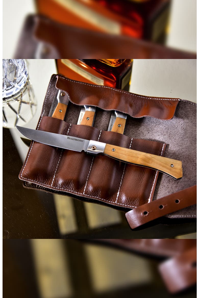Folding Steak Knife 4 Piece Set in Leather Roll, Alternate, color, Maple
