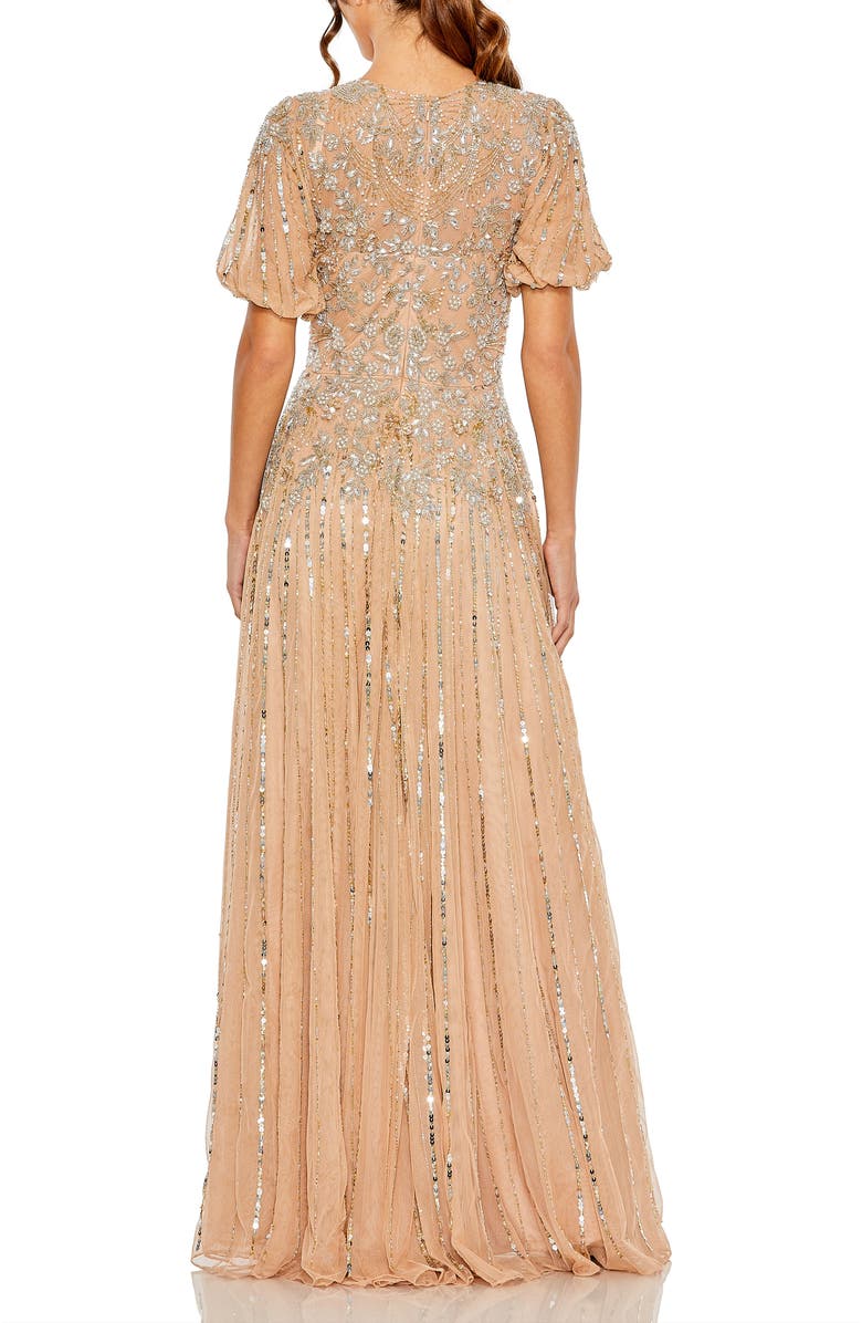 Mac Duggal High Neck Puff Sleeve Embellished A Line Gown, Alternate, color, Taupe