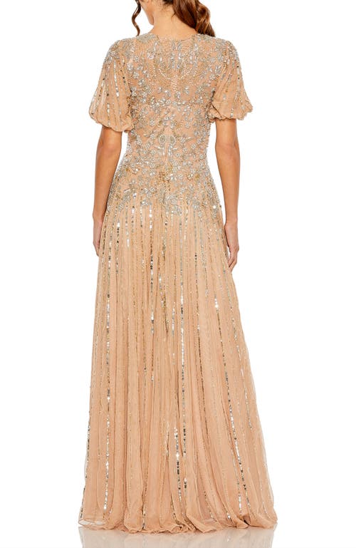 Mac Duggal Embellished Puff Sleeve A-line Gown In Taupe