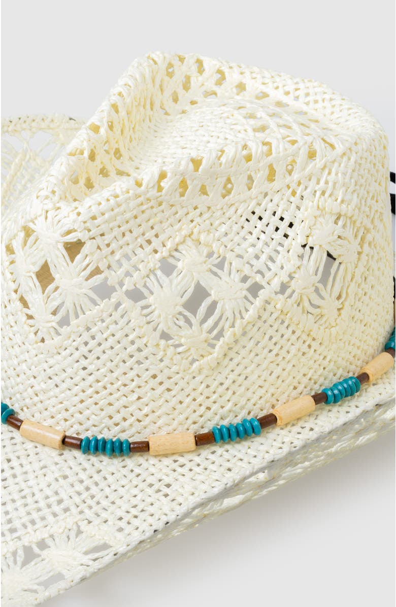Manela Twister Star  Handwoven Straw Sun Hat - Bohemian Summer Cowboy Hat, Alternate, color, White  / Turquoise