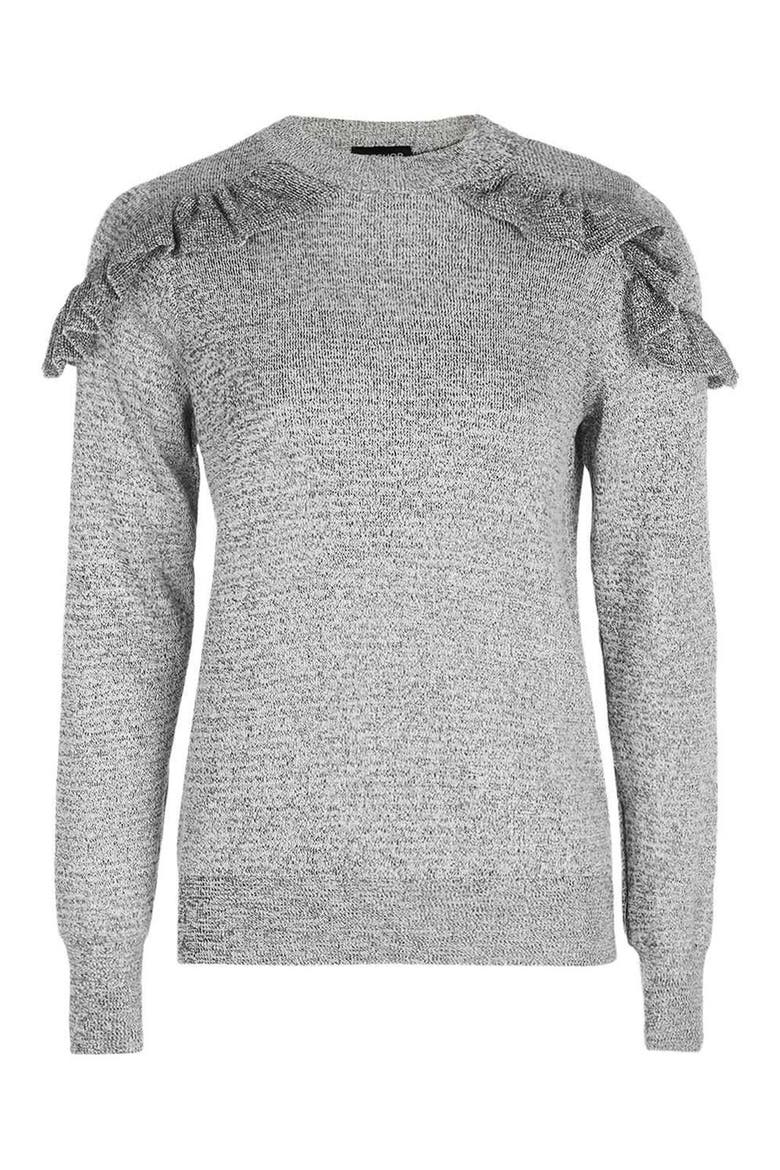Ruffle Shoulder Sweater, Alternate, color, GREY MARL