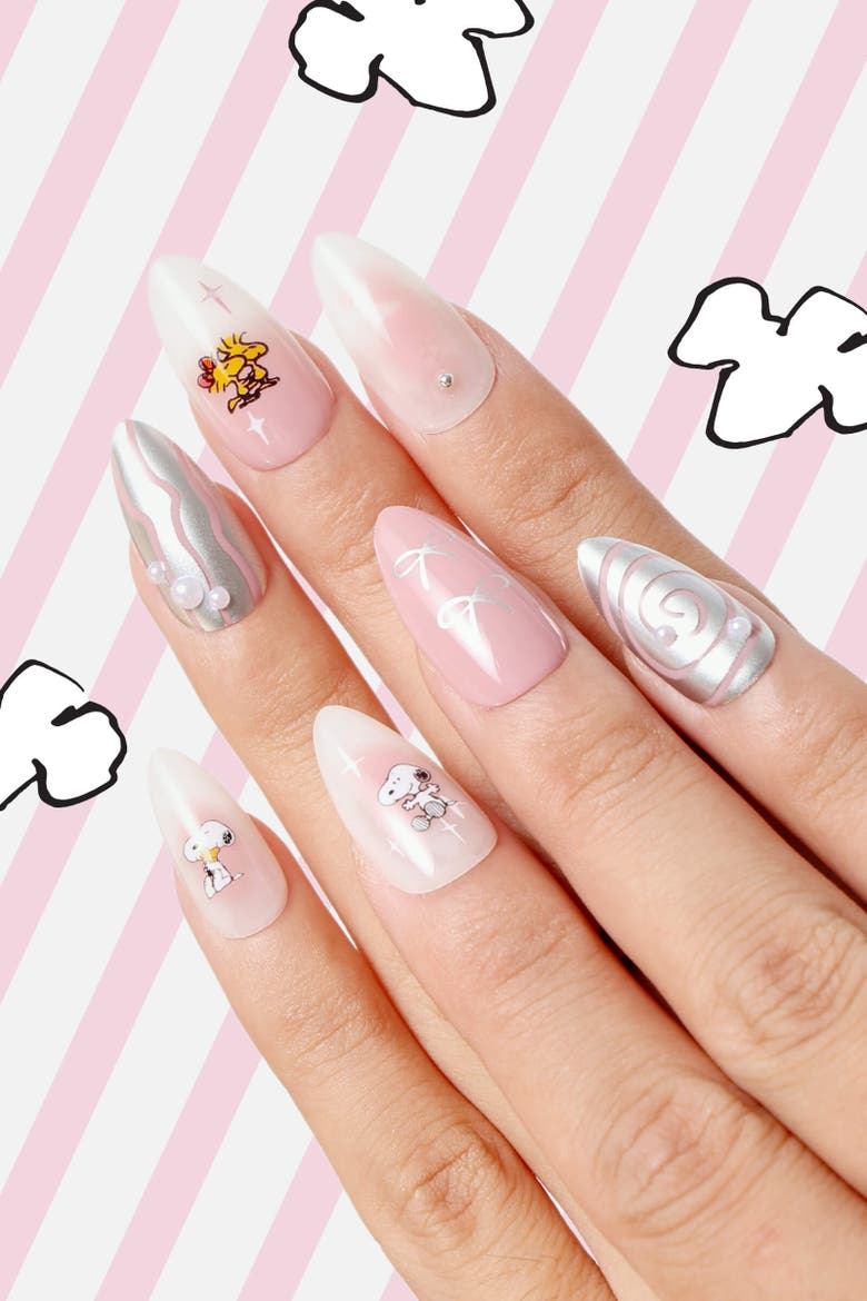 Swirls Of Snoopy Almond Press On Nails, Alternate, color, Pink