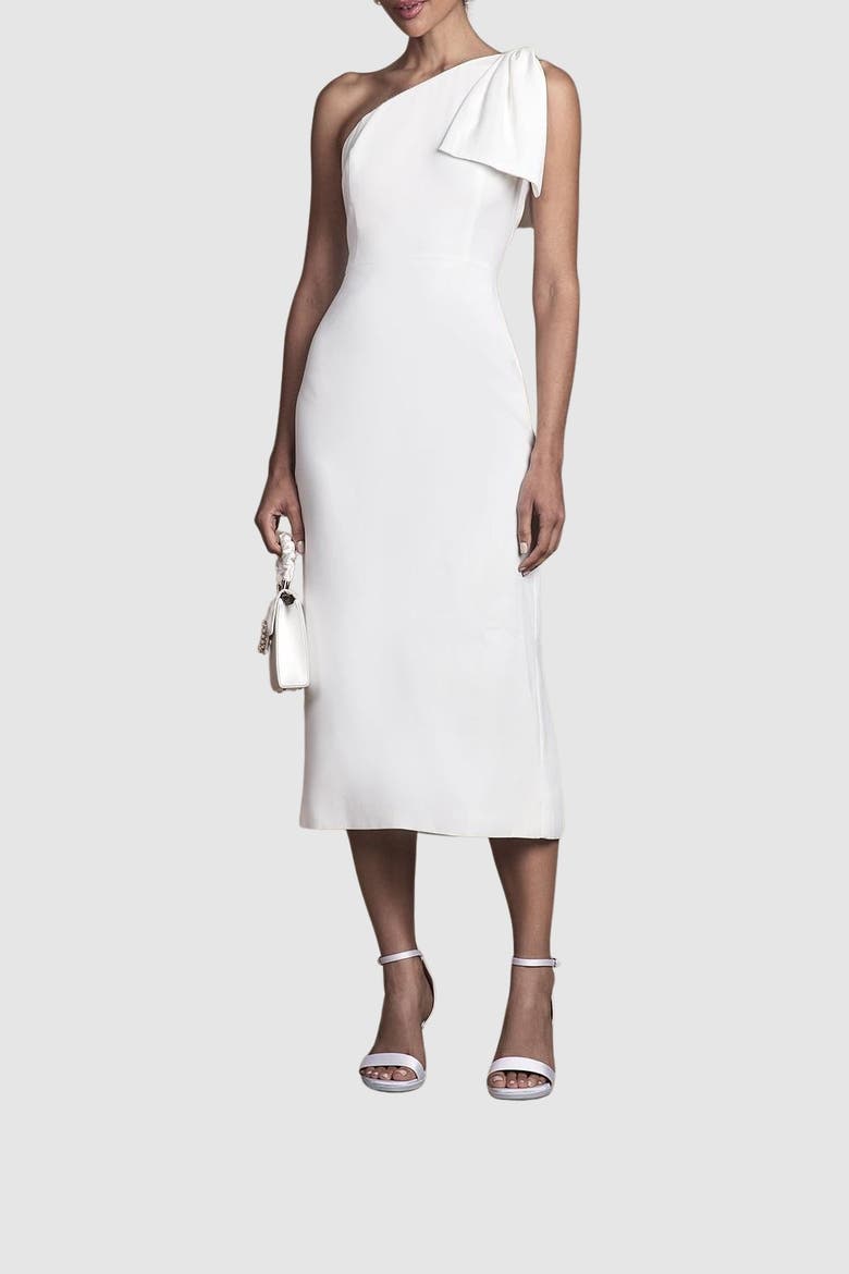 Bow One Shoulder Midi Wedding Dress, Alternate, color, Ivory