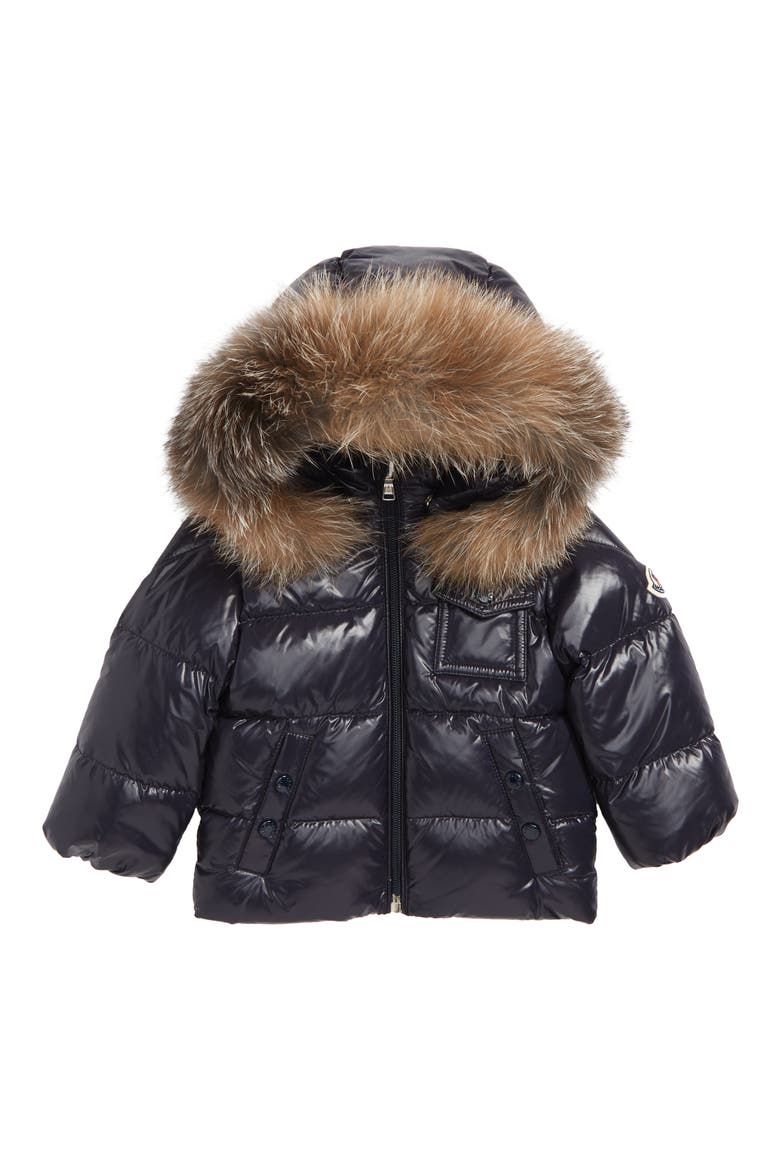K2 Water Resistant Hooded Down Jacket with Genuine Fox Fur Trim, Main, color, NAVY
