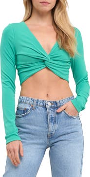 Grey Lab Front Twist Long Sleeve Knit Crop Top