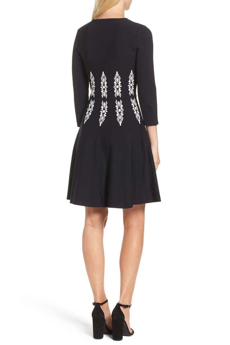 Three-Quarter Sleeve Fit & Flare Dress, Alternate, color, BLACK/ WHITE