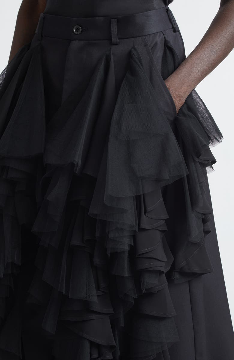 Noir Kei Ninomiya Wool Gabardine Skirt with Tulle Ruffles, Alternate, color, Black X Black