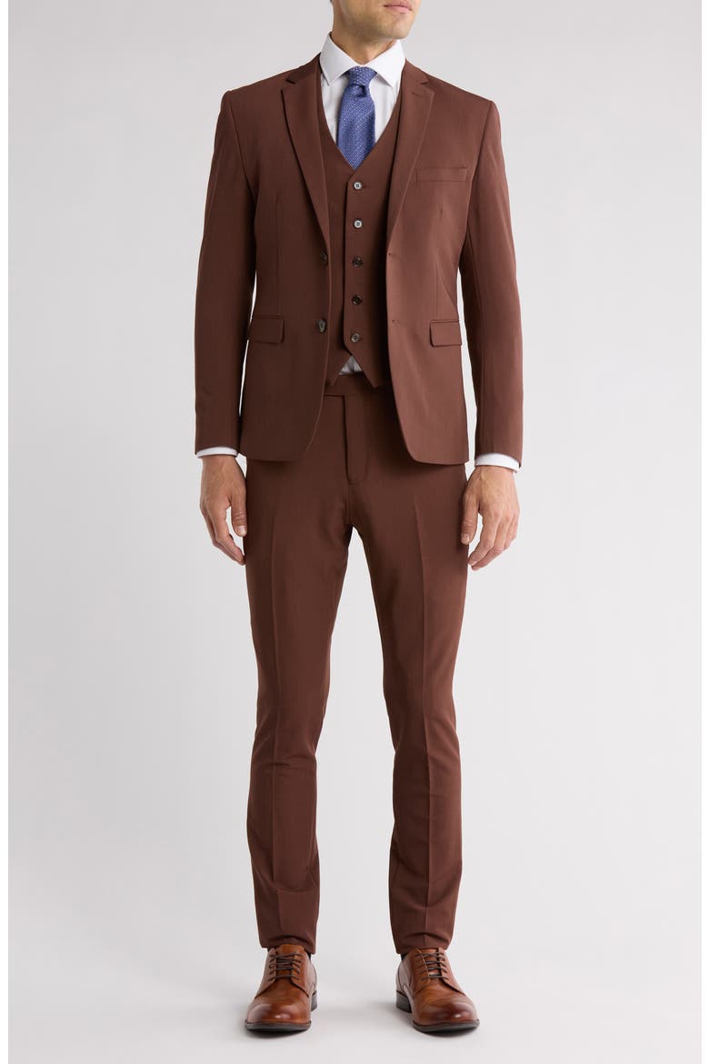 Skinny Fit Solid Stretch Three Piece Suit, Main, color, BROWN