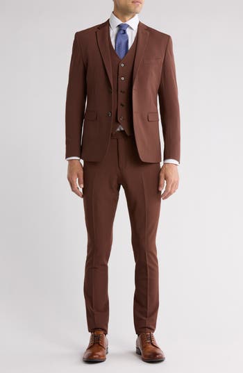 Gino Vitale Skinny Fit Solid Stretch Three Piece Suit In Brown