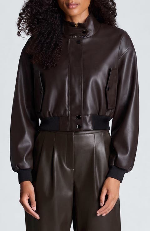 Faux Leather Funnel Neck Bomber Jacket