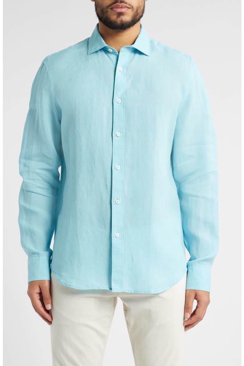 Axel Shaped Fit Linen Button-Up Shirt, Main, color, TURQUOISE