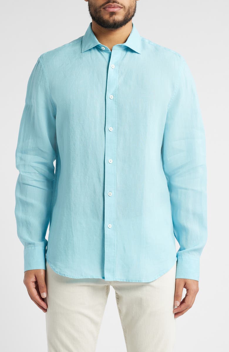 Bugatchi Axel Shaped Fit Linen Button-Up Shirt, Main, color, Turquoise