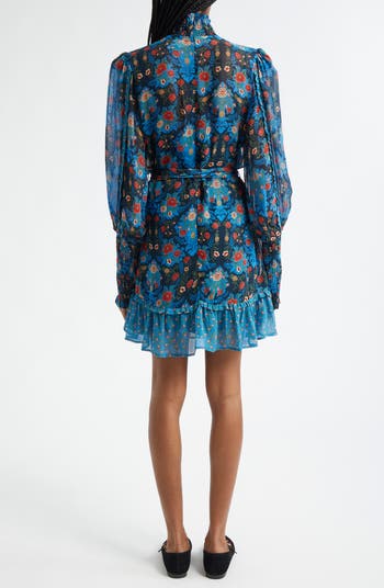 Blue Arabesque Floral Belted Turtleneck Minidress