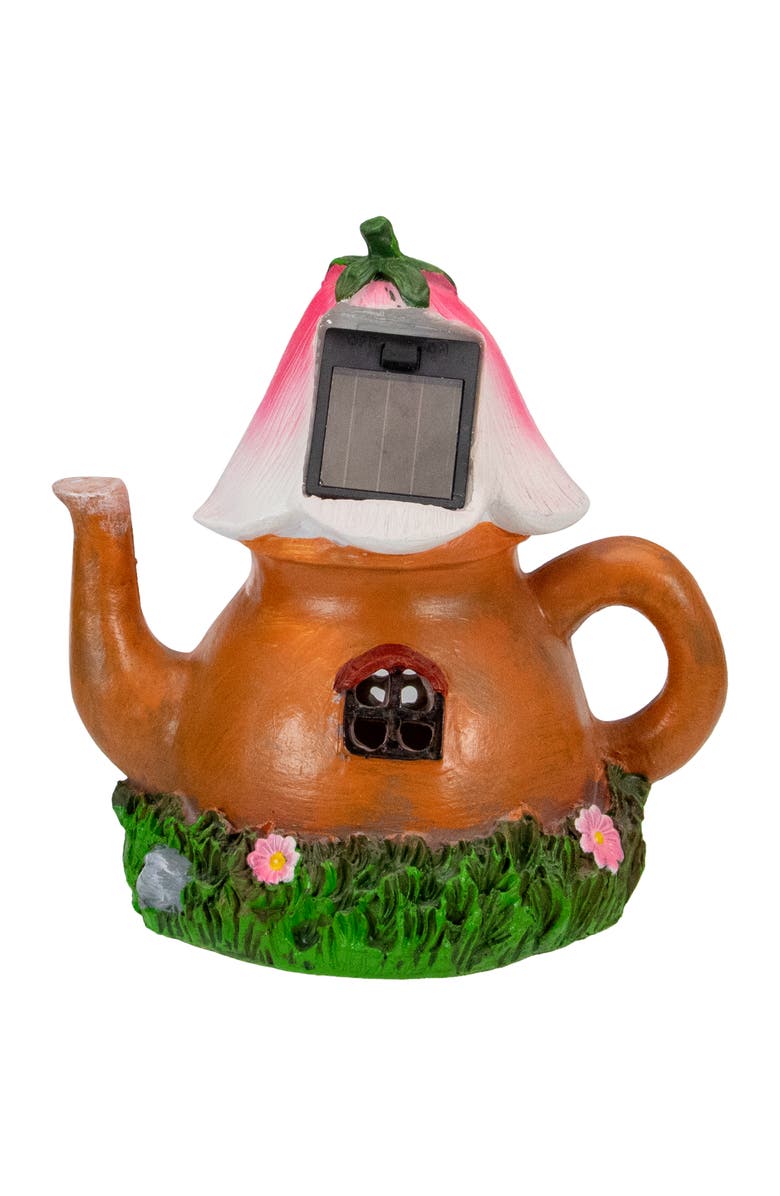 Northlight 7" Solar Lighted Flower Teapot Outdoor Garden Statue, Alternate, color, Brown