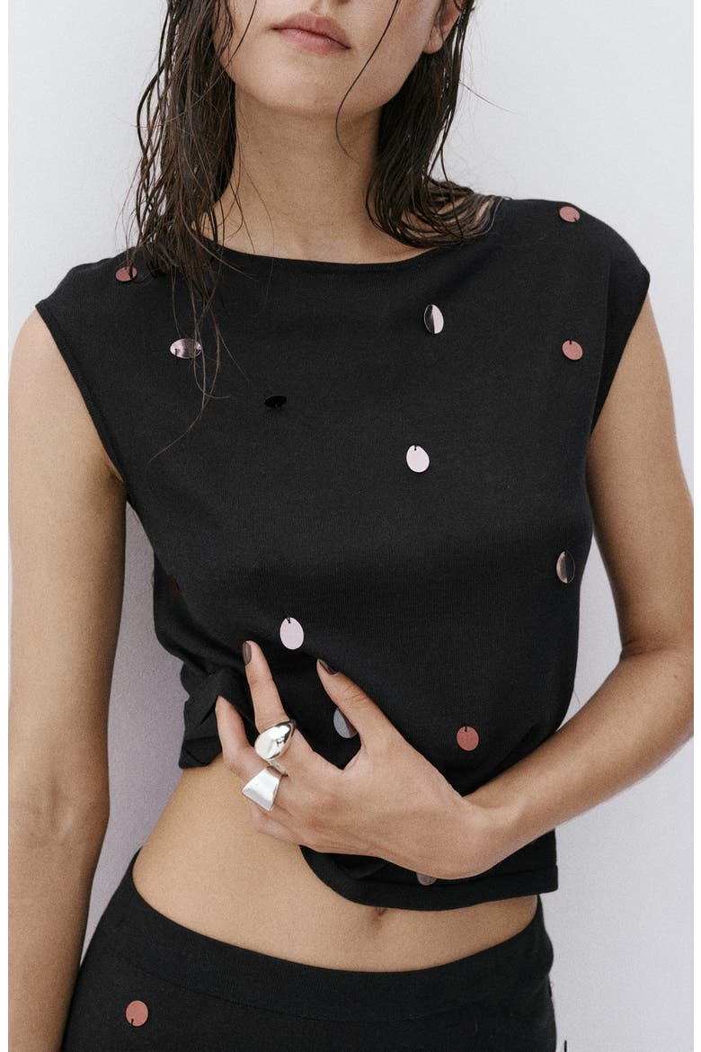 Sequined Short Sleeve Top, Main, color, BLACK