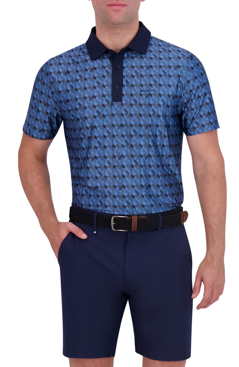 Ben Sherman Jacquard Geo Print Stretch Tech Polo, Main, color, Navy