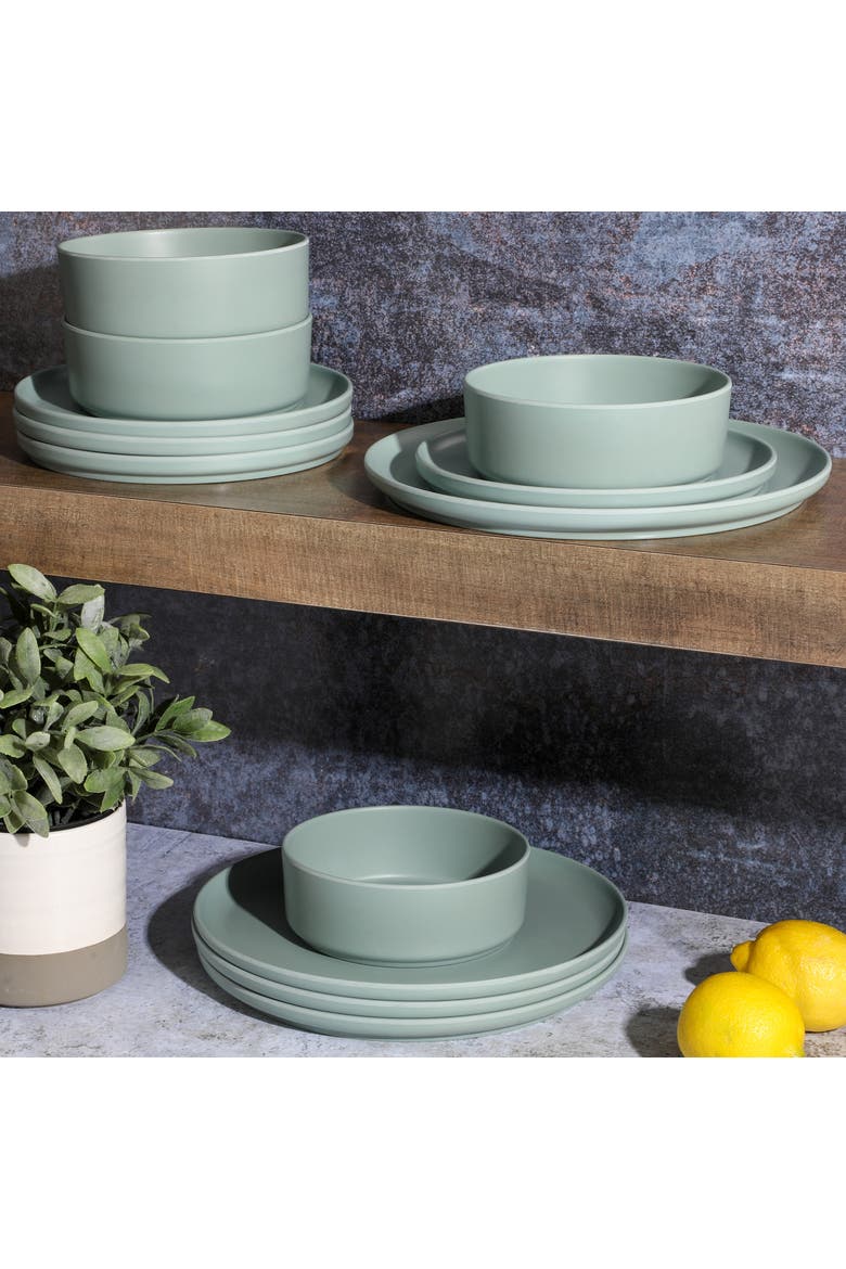 Canyon Crest 12 Piece Stackable Melamine Dinnerware Set, Alternate, color, Green