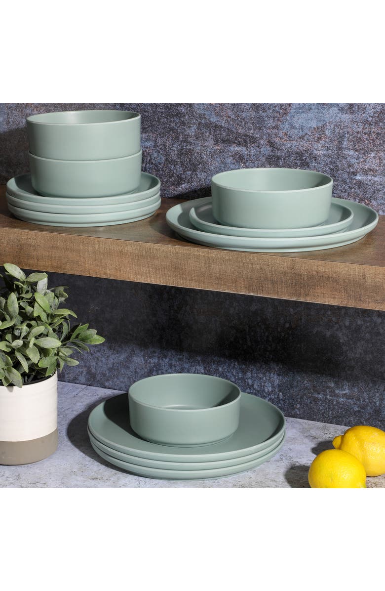 Gibson Canyon Crest 12 Piece Stackable Melamine Dinnerware Set, Alternate, color, Green