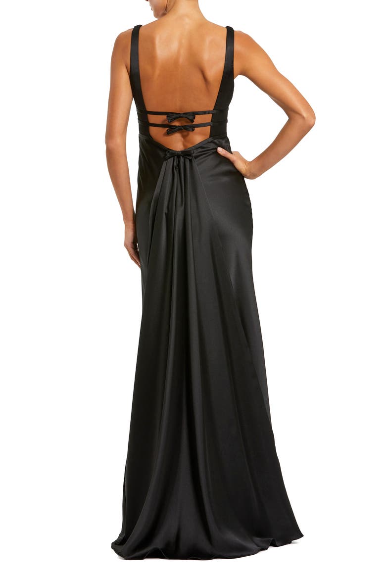 Sleeveless V Neck Satin Gown With Bow Details, Alternate, color, Black