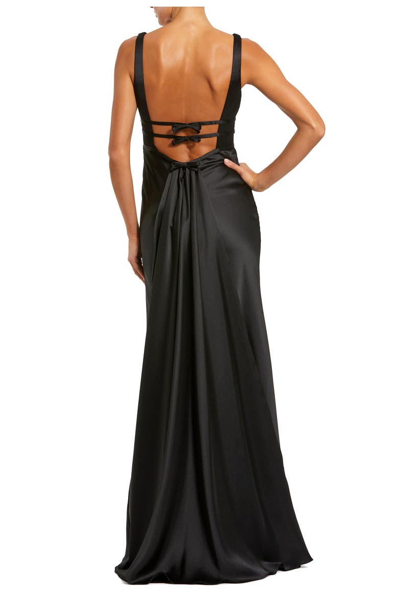 Mac Duggal Sleeveless V Neck Satin Gown With Bow Details, Alternate, color, Black