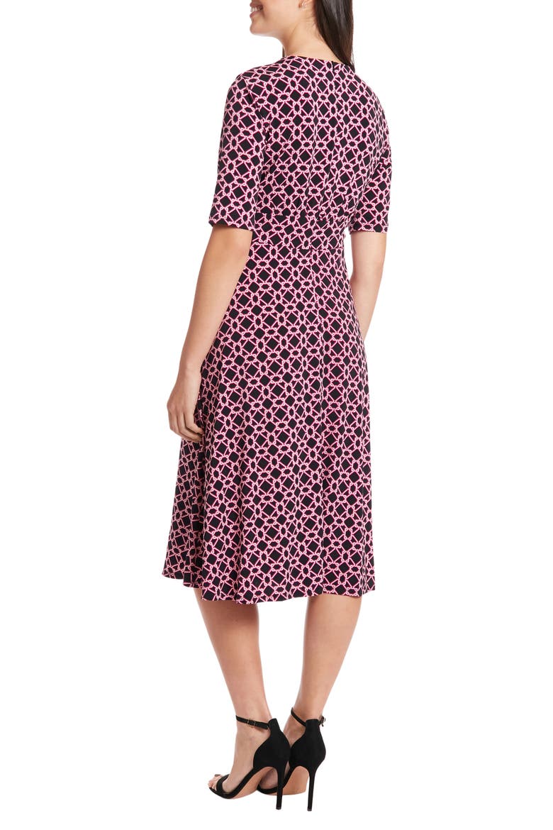 Geo Print Elbow Sleeve Fit & Flare Dress, Alternate, color, BLACK/ PINK
