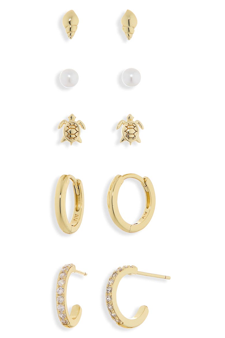 Beach Set of 5 Assorted Stud & Hoop Earrings, Alternate, color, GOLD