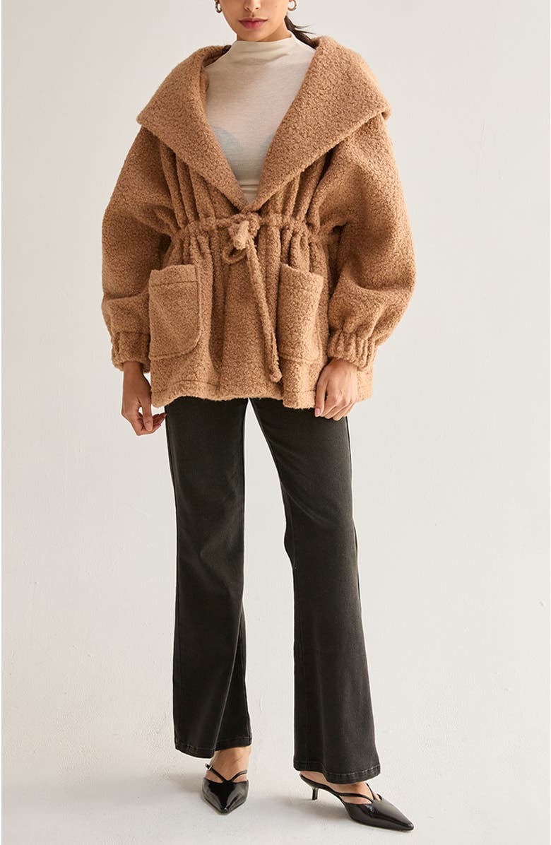 CRESCENT Cinched Waist Hooded Boucle Jacket, Alternate, color, Mocha